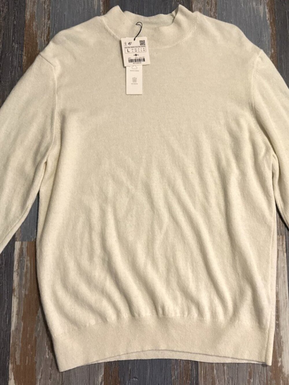 Zara Mens Wool Cashmere Blend Sweater Large Cream Mock Neck Minimalist NEW